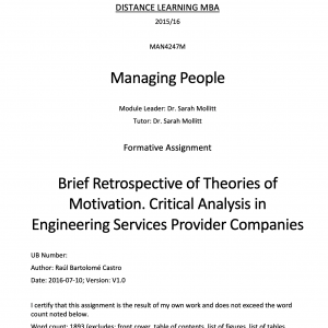 Brief Retrospective of Theories of Motivation. Critical Analysis in Engineering Services Provider Companies